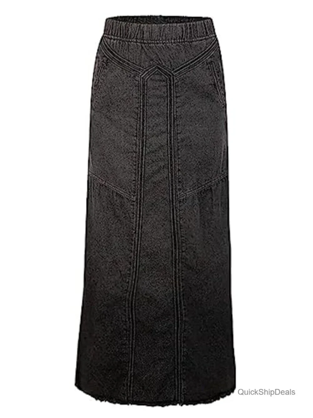 Vintage Frayed Hem A-Line Maxi Denim Skirt, High Waist Elastic, Distressed